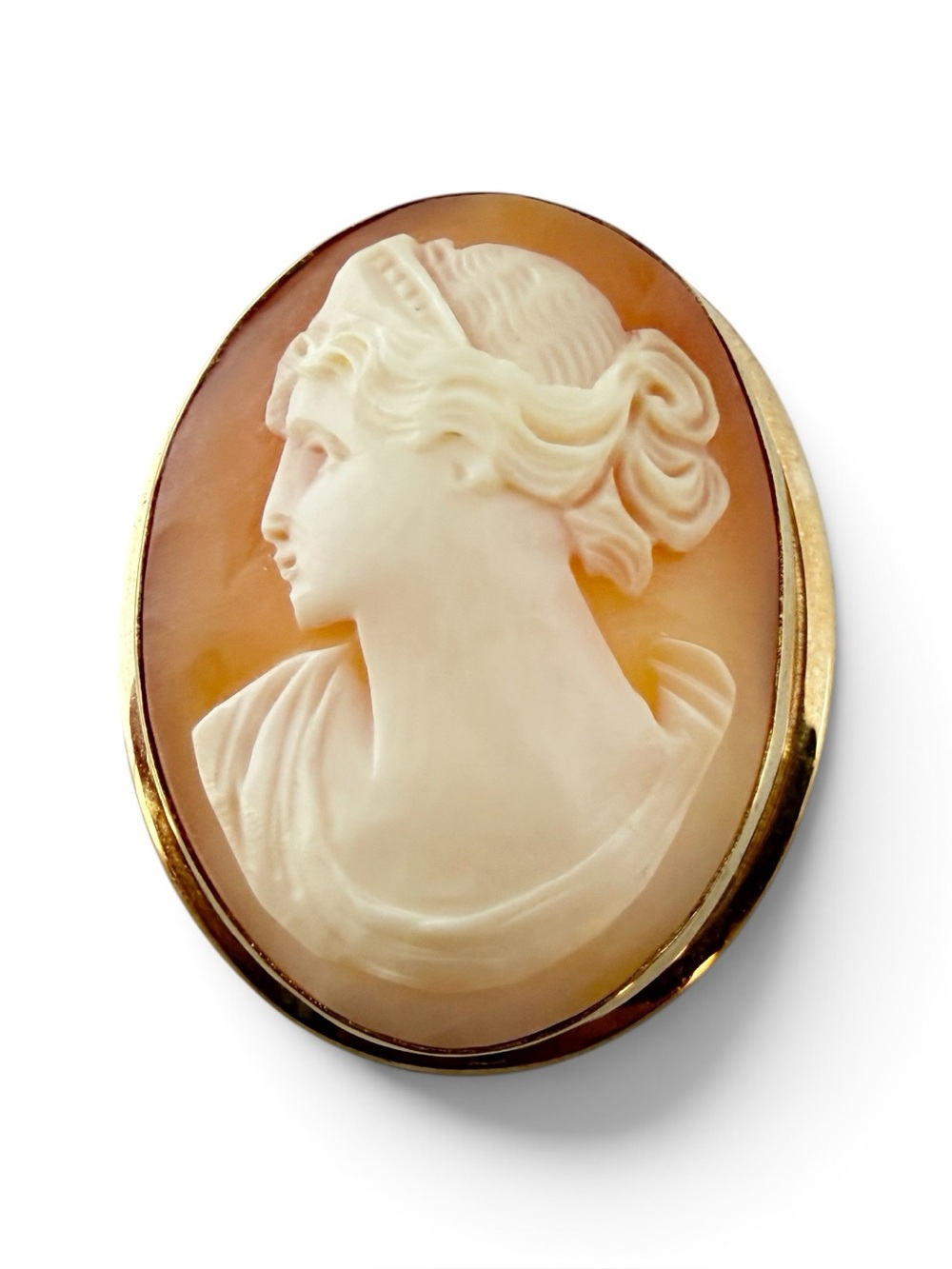 Vintage Gold Filled Carved Shell Cameo Oval Brooch Pin Art Deco Woman Figure